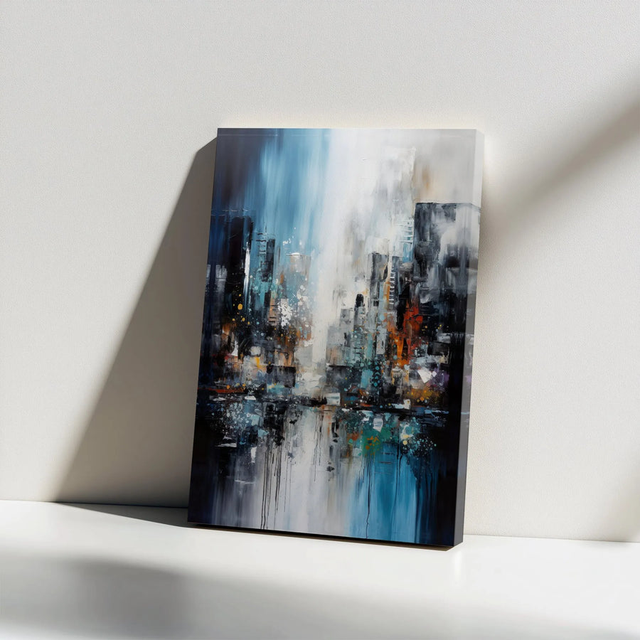 Abstract Cityscape Canvas Wall Art | Rainy Night Urban Skyline Painting | Premium Gallery-Wrapped Canvas | Modern Office & Living Room Decor Gift