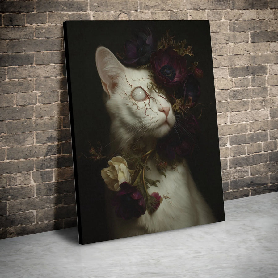 Gothic White Cat Canvas Art | Dark Surreal Floral Portrait | 1.25 Inch Premium Gallery Wrap | Spooky Home Decor Gift for Cat Lovers
