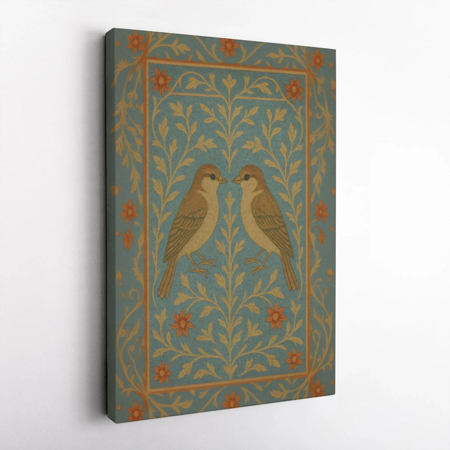 Two Sparrows Canvas Wall Art | Vintage Floral Bird Illustration | Gallery Wrap Premium Print | Cottagecore Nature Decor Gift for Bird Lovers