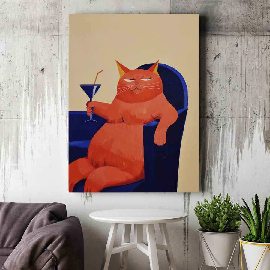 Smug Orange Cat Wall Art | Funny Cocktail Drinking Cat Canvas | Premium Gallery Wrap Decor | Quirky Gift for Cat Lovers