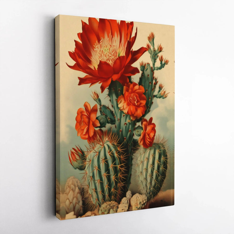 Blooming Cactus Wall Art | Vintage Red Flower Botanical Illustration | Premium Gallery Wrap Canvas | Southwest Desert Home Decor Gift