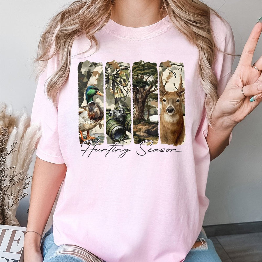 Hunting Season T-Shirt | Retro Camo Coquette Bow Deer & Duck Design | Premium 100% Cotton Apparel | Gift for Outdoor Enthusiasts & Hunters