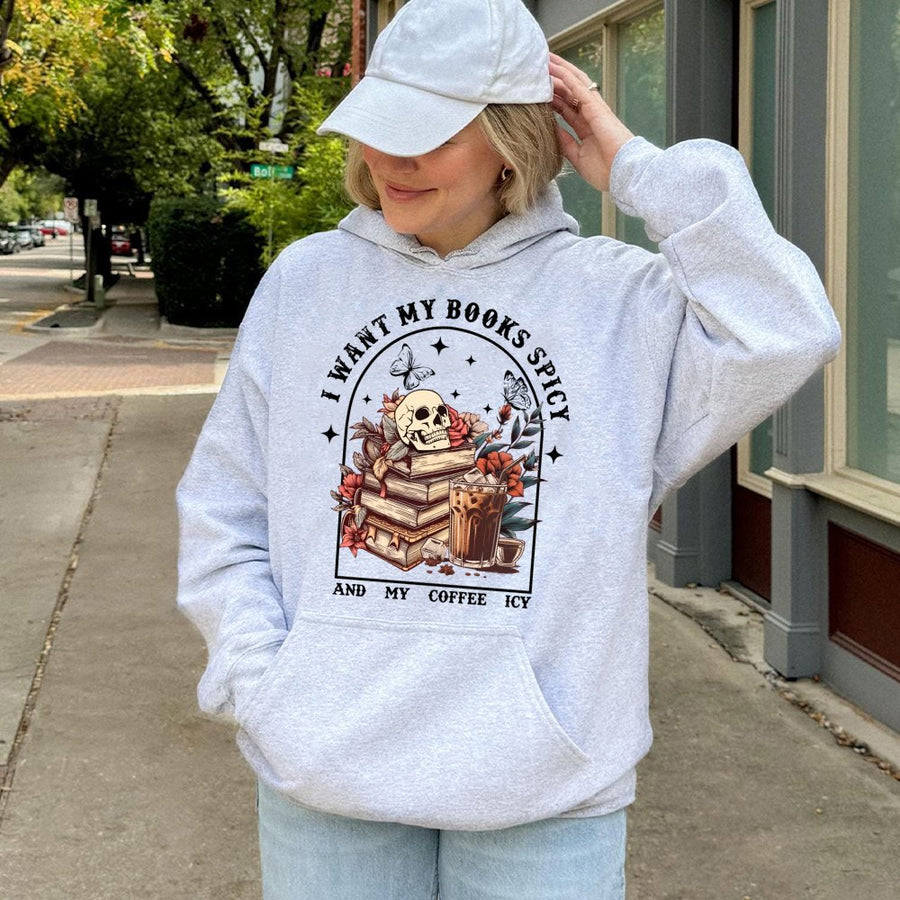 Spicy Book Lover Hoodie | Skeleton Reading Graphic Design | Premium Cotton Blend | Gift for Readers and Iced Coffee Addicts
