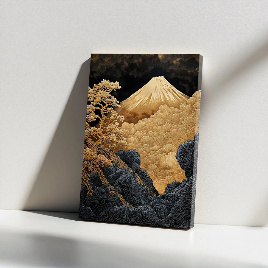 Mount Fuji Vertical Canvas | Gold & Black Japanese Woodblock Style Print | Premium Gallery Wrapped Canvas | Modern Asian Inspired Home Decor Gift