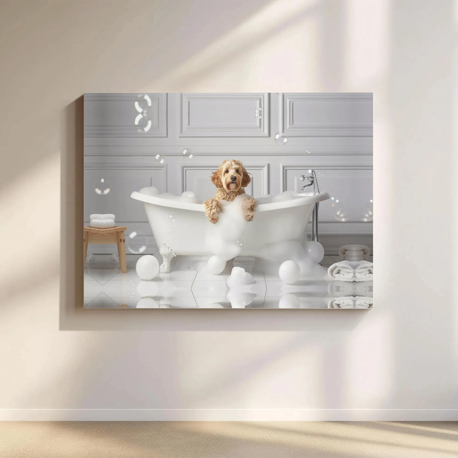 Cockapoo Dog in Bubble Bath Wall Art | Funny Bathroom Canvas Decor | Premium Fade-Resistant Print | Cute Pet Lover Gift Idea