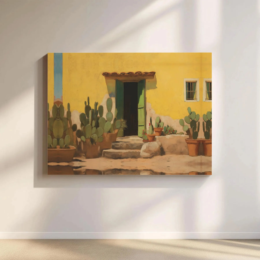 Southwestern Adobe House Canvas Art | Mediterranean Yellow Home with Cacti Print | Premium Gallery-Wrapped Wall Decor | Desert Landscape Gift
