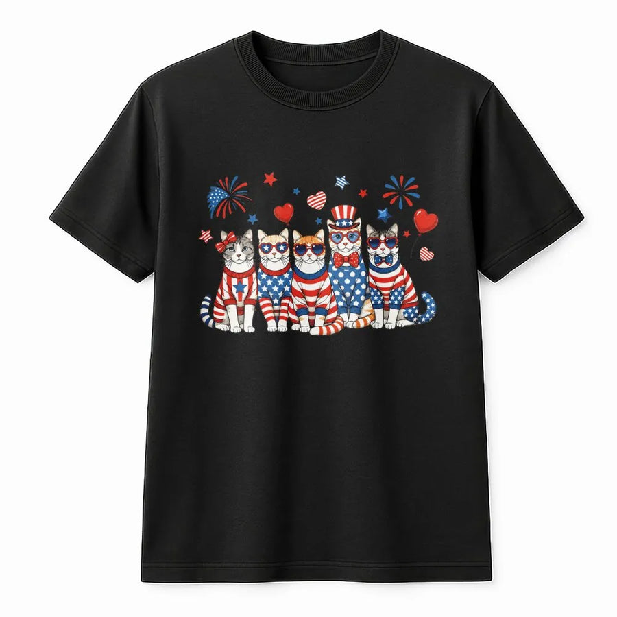 Patriotic Cat T-Shirt | Funny American Flag Kittens Graphic | Soft Cotton Blend Crewneck | Fourth of July Gift for Cat Lover