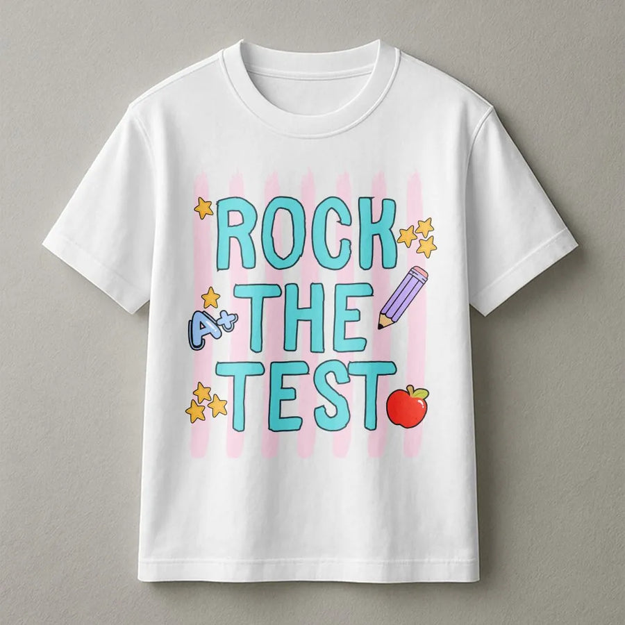 Rock The Test Shirt | Teacher Testing Day Graphic Tee | Soft Cotton Unisex Top | Motivational Gift for Students & Educators