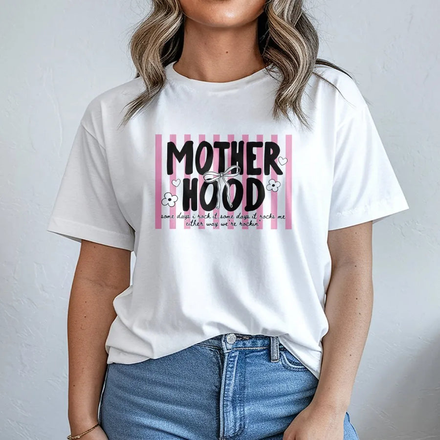 Motherhood Quote T-Shirt | Retro Pink Stripe Design | Premium Soft Cotton | Stylish Gift for Mom and Mama Appreciation