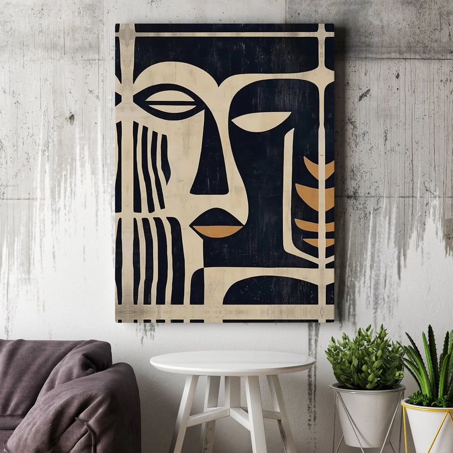 Abstract Tribal Face Canvas Art | Mid-Century Modern Geometric Wall Decor | Premium 1.25-Inch Gallery Wrap | Bohemian Living Room Statement Gift