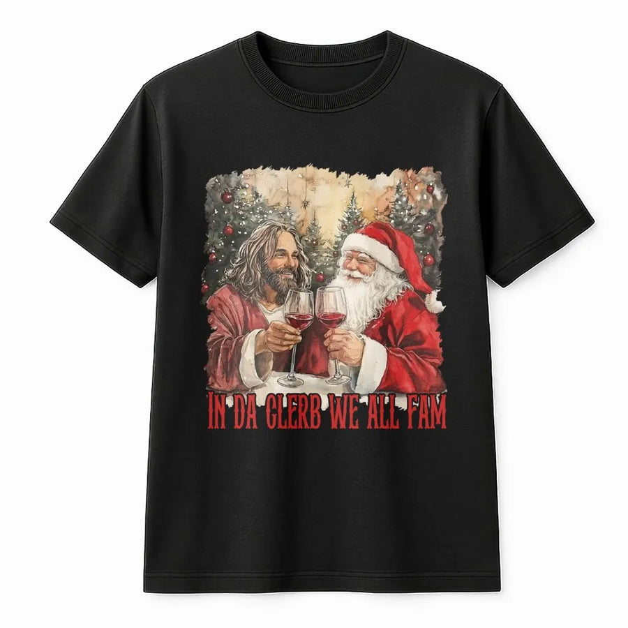 Funny Christmas T-Shirt | Santa and Jesus Drinking Wine Graphic | Premium Cotton Unisex Tee | Gift for Holiday Party or White Elephant Exchange