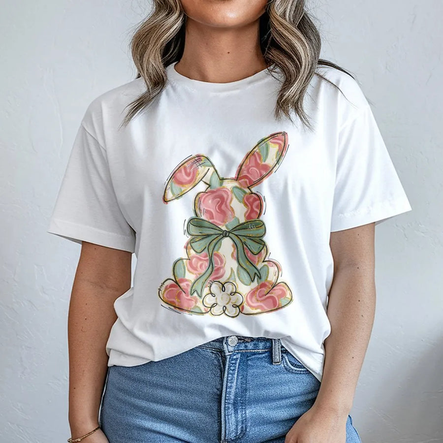 Floral Easter Bunny T-Shirt | Boho Rose Print Rabbit Graphic | Premium Cotton Soft Tee | Cute Spring Holiday Gift For Women And Girls