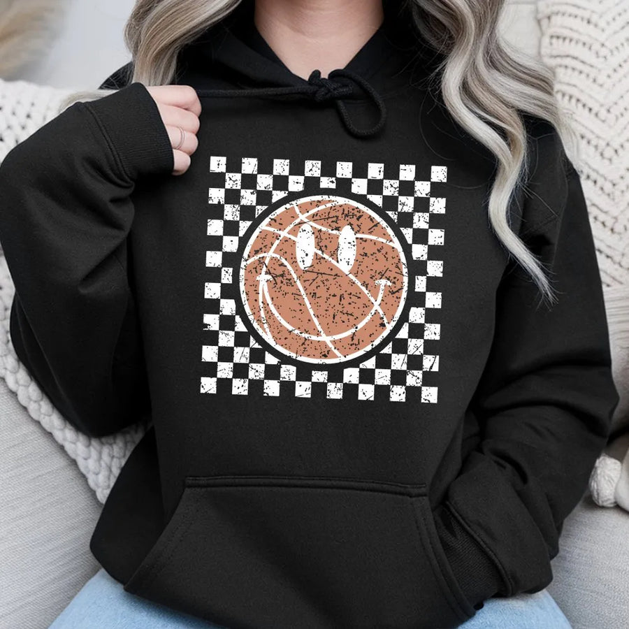 Basketball Game Day Hoodie | Retro Smiley Face Checkered Print | Premium Cotton Blend | Gift for Basketball Mom & Fan