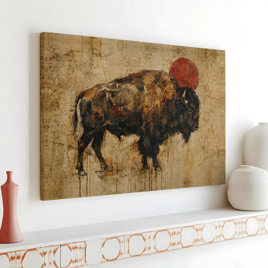 Rustic Buffalo Canvas Print | Western Animal Art with Red Sun | Premium Gallery Quality Print | Southwestern Lodge & Cabin Decor Gift