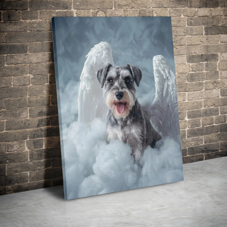 Schnauzer Angel Canvas Wall Art | Dog with Wings on Clouds Portrait | Premium Canvas Print | Pet Loss Sympathy Gift for Dog Lover