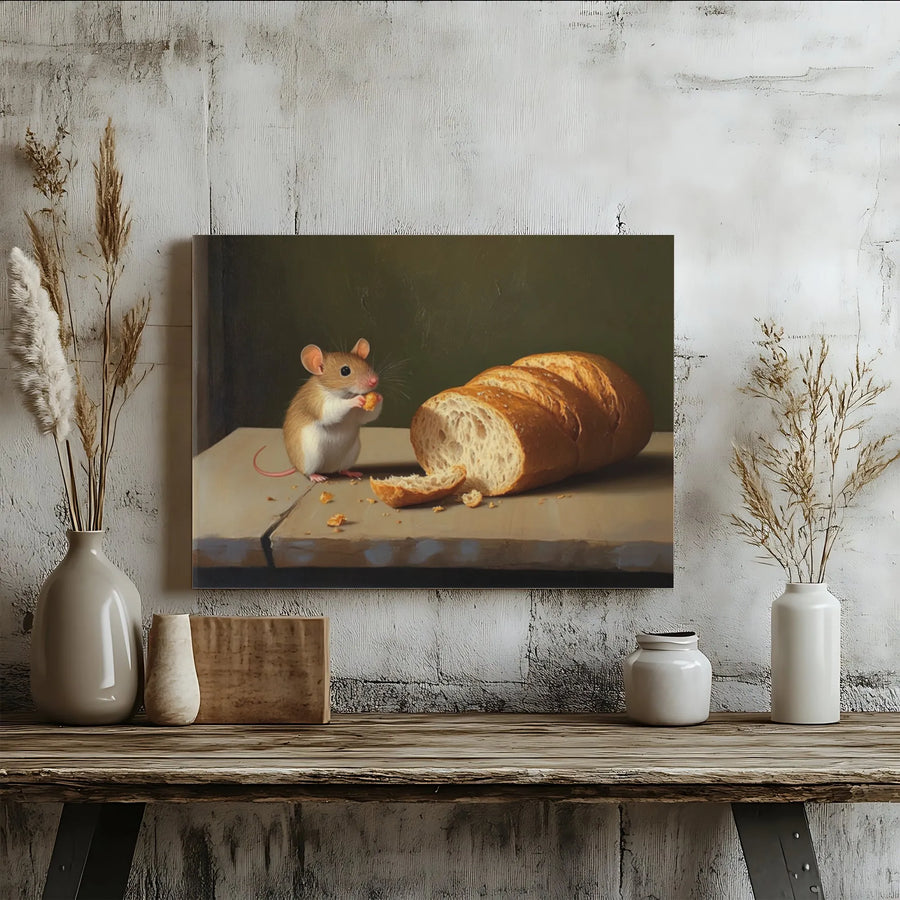 Cute Mouse Eating Bread Canvas Wall Art | Whimsical Still Life Animal Portrait | Premium Fade-Resistant Print | Gallery-Quality Decor for Kitchen or Nursery