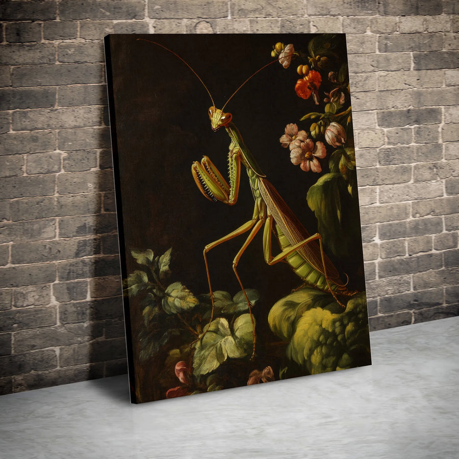 Praying Mantis Wall Art | Vintage Botanical Insect Painting | Premium Gallery-Wrapped Canvas | Unique Nature Lover Home Decor Gift