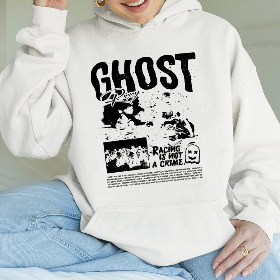 Ghost Racing Hoodie | Racing Is Not A Crime Biker Graphic | Premium Cotton Blend | Unisex Streetwear Gift for Motorcycle Riders