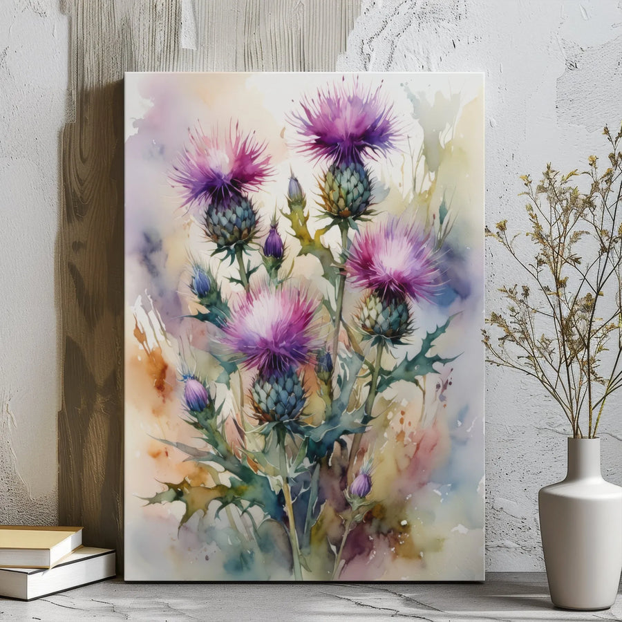 Scottish Thistle Wall Art | Watercolor Flower Canvas Print | Gallery Wrap 1.25" Frame | Botanical Home Decor Gift for Plant Lovers