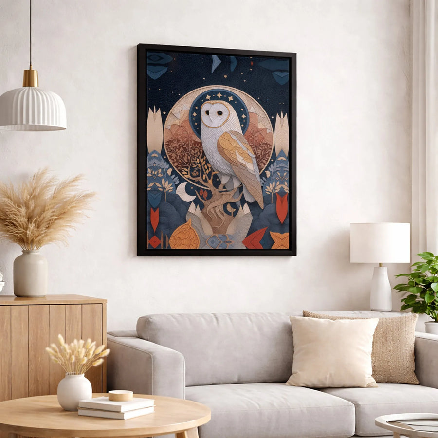 Barn Owl Wall Art | Celestial Moon And Stars Graphic | Premium 1.25 Inch Canvas Print | Nature Inspired Modern Home Decor Gift