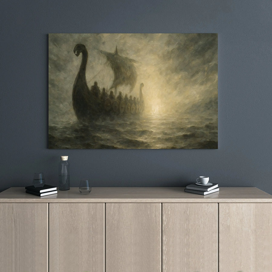 Viking Longship Wall Art | Misty Ocean Canvas Print | Premium 1.25 Inch Gallery Wrap | Norse Mythology Decor for Men's Study or Office