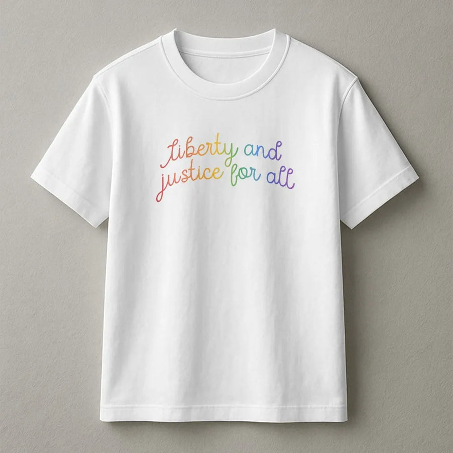 LGBTQ Pride T-Shirt | Liberty and Justice for All Rainbow Text | Premium Cotton Blend | Queer Ally Pride Month Gift