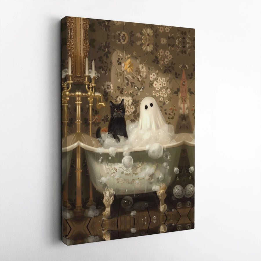 Ghost and Black Cat Wall Art | Whimsical Bubble Bath Vintage Bathroom Decor | Premium Gallery Wrap Canvas | Spooky Cute Halloween Home Gift