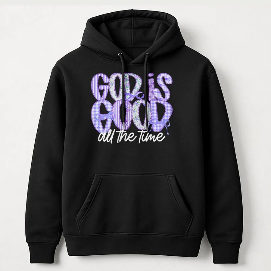 God Is Good Hoodie | Purple Patchwork Floral Lettering | Premium Soft Cotton Tee | Inspirational Christian Gift for Women