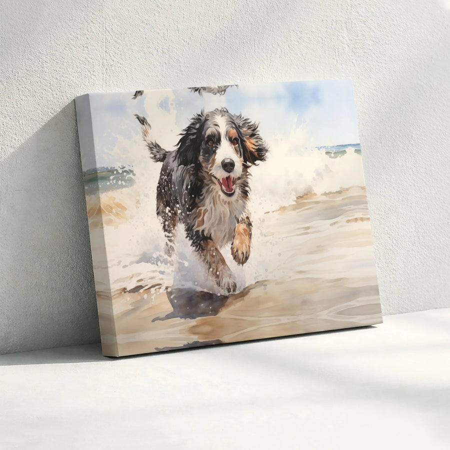 Australian Shepherd Canvas Wall Art | Watercolor Painting of Dog on Beach | Premium Fade-Resistant Print | Gift for Dog Lover & Coastal Home Decor