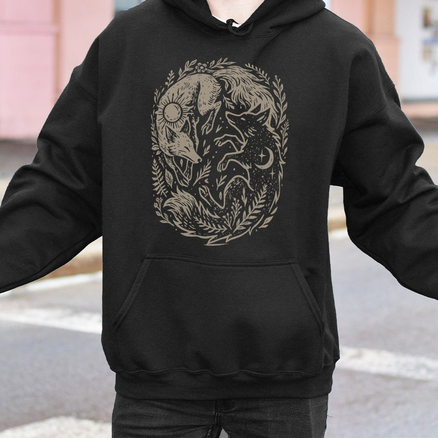 Fox Yin Yang Hoodie | Celestial Sun and Moon Naturecore Graphic | Premium Cotton-Blend | Mystical Animal Gift for Cottagecore Aesthetic
