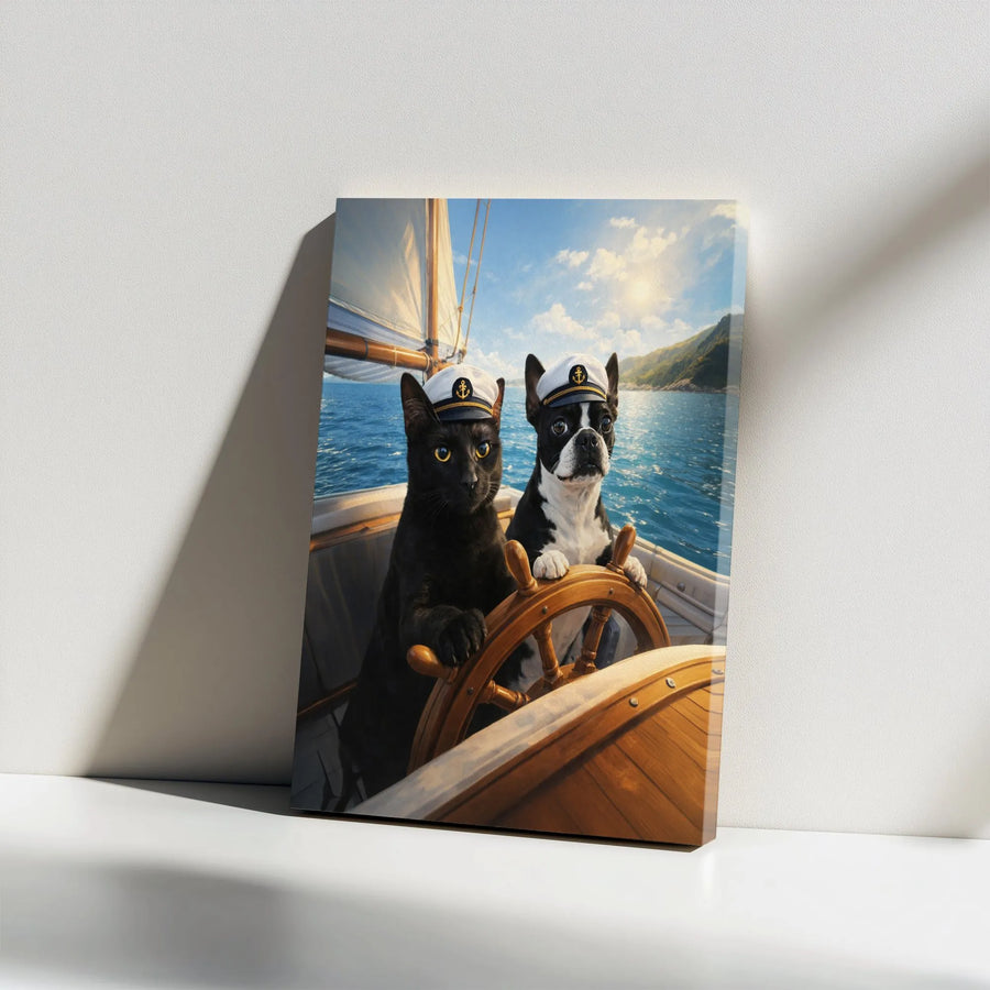 Cat and Dog Captains Canvas Print | Funny Pet Sailors Nautical Wall Art | Premium Gallery Wrapped Canvas | Unique Gift for Boat Owner & Pet Lover
