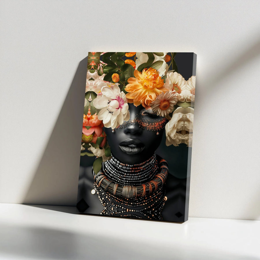 Black Woman Canvas Wall Art | Botanical Floral Portrait | Premium 1.25 Inch Gallery Wrap | Modern Afrocentric Home Decor