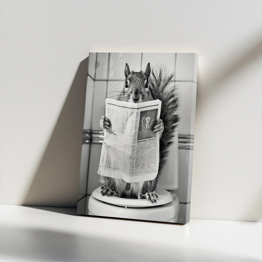 Squirrel on Toilet Canvas Print | Funny Black and White Animal Reading Newspaper | Premium Frameless Wall Art | Unique Bathroom Decor Gift