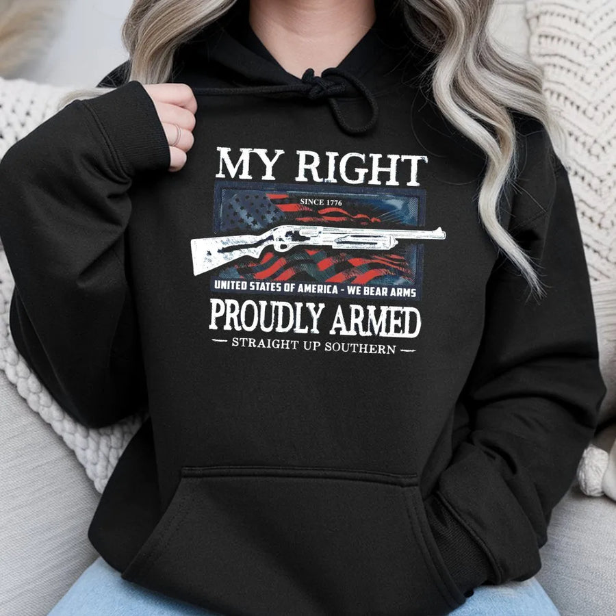 Proudly Armed Hoodie | Second Amendment Patriotic Design | Premium Cotton Blend | Gift For Gun Enthusiasts And Veterans