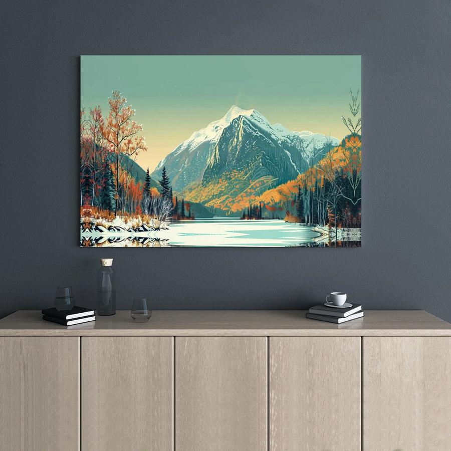 Mountain Lake Canvas Wall Art | Snowy Peaks And Autumn Forest Landscape | Premium Gallery Wrap Print | Nature Decor For Home Or Office