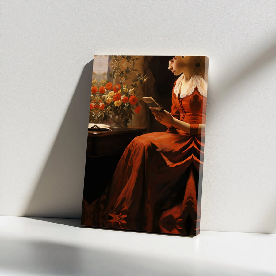Woman Reading Book Wall Art | Surrealist Red Dress Portrait | 1.25 Inch Gallery Wrap Canvas | Premium Aesthetic Home Decor Gift
