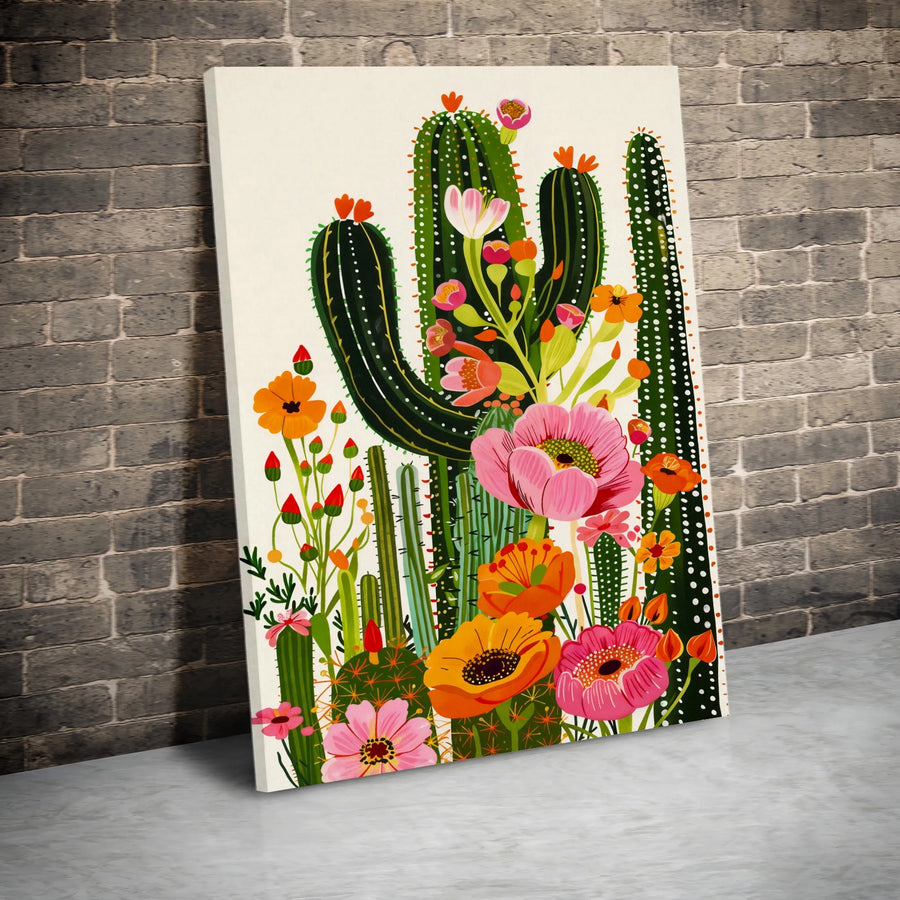 Cactus Flower Vertical Canvas | Vibrant Botanical Illustration | Premium Gallery Wrapped Canvas | Modern Boho Home Decor Gift