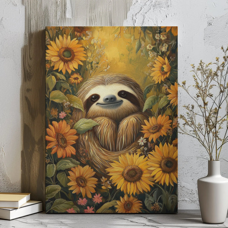 Smiling Sloth Sunflower Canvas Wall Art | Whimsical Animal Oil Painting Style | Premium Gallery Wrap Print | Nature-Inspired Home Decor Gift