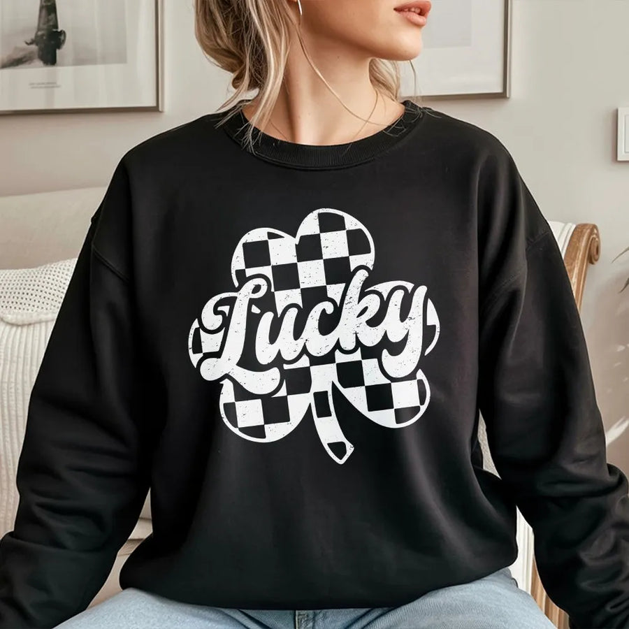 Lucky St Patrick's Day Sweatshirt | Checkerboard Shamrock Graphic Print | Premium Cotton Blend Crewneck | Unisex Festive Gift for Men and Women