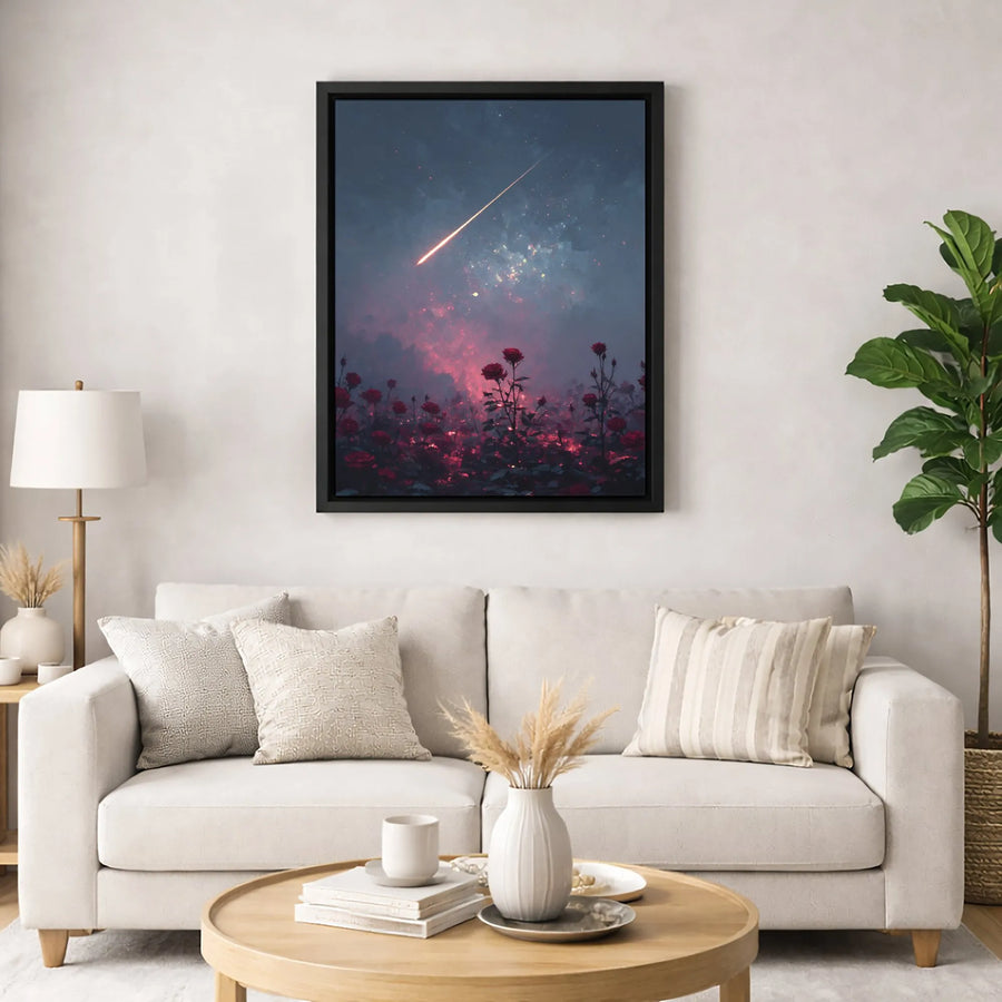 Red Rose Field Canvas Art | Shooting Star Night Sky Landscape | Premium Gallery Wrapped Print | Romantic Home Wall Decor