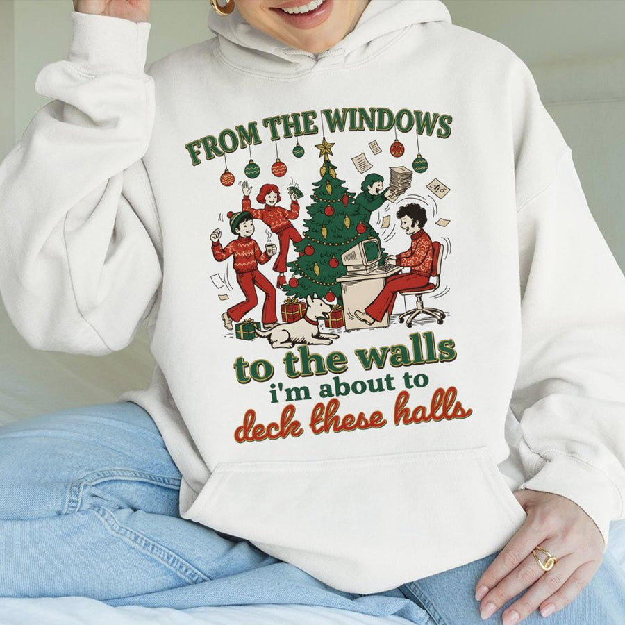Funny Christmas Hoodie | Deck The Halls Retro Graphic | Cotton-Poly Blend Premium Sweatshirt | Festive Holiday Gift For Him And Her