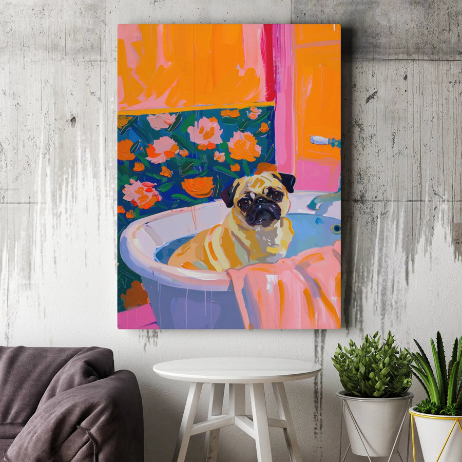Pug in Bathtub Canvas Art | Colorful Modern Dog Wall Decor | Premium 1.25" Gallery Wrap | Unique Gift for Dog Lovers