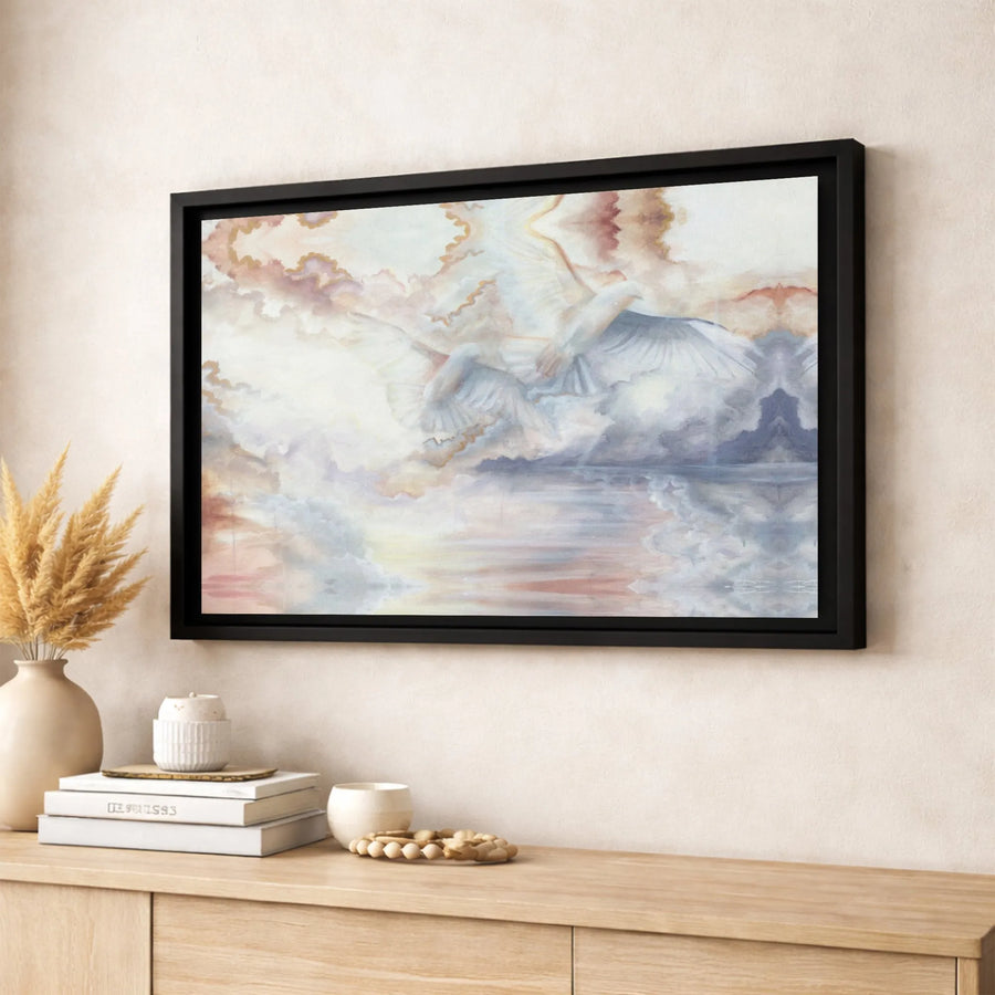 White Doves Canvas Art | Ethereal Abstract Clouds & Water Wall Decor | Premium 1.25 Inch Gallery Wrap | Peaceful Home Gift for Living Room