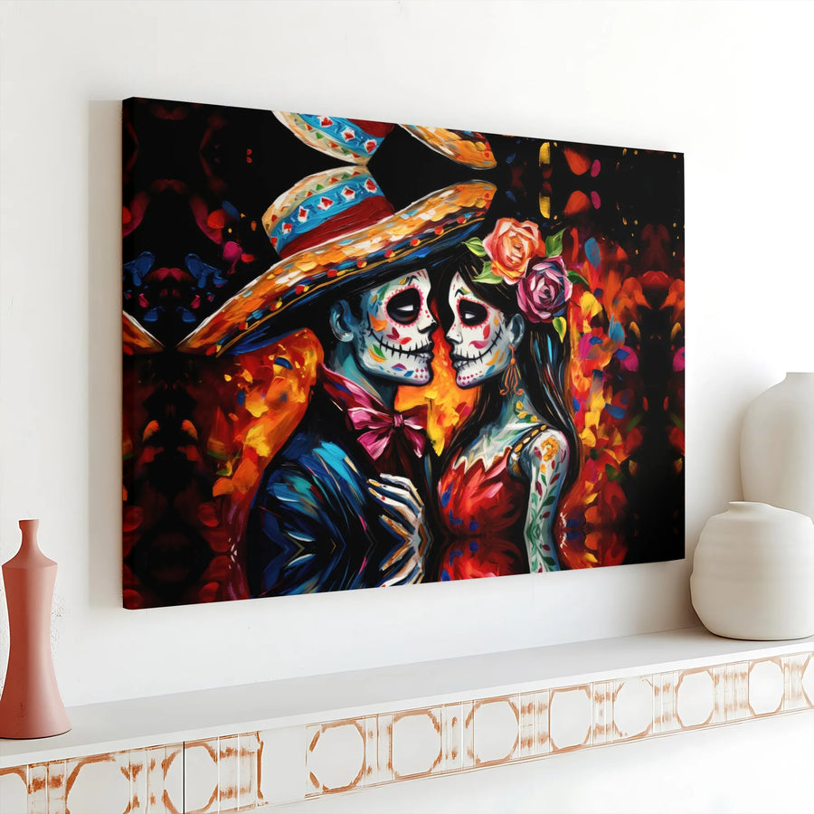 Day of the Dead Canvas Wall Art | Romantic Sugar Skull Couple Painting | Premium Gallery Wrap Decor | Dia de los Muertos Gift for Home