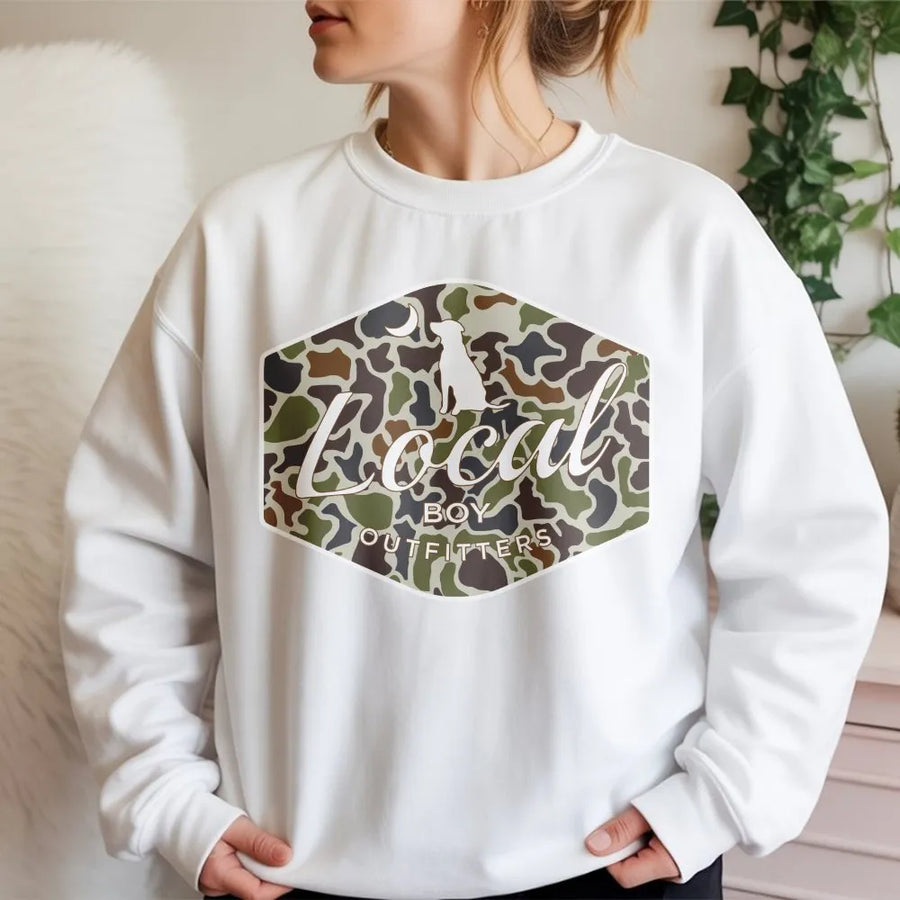 Camo Dog Sweatshirt | Southern Hunting Graphic Print | Premium Cotton Blend | Gift for Outdoorsmen and Duck Hunters