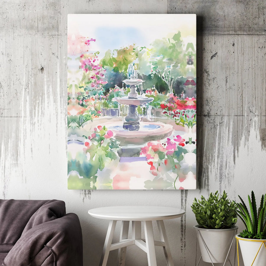 Watercolor Garden Wall Art | Impressionist Floral Fountain Painting | Premium Canvas Print | Botanical Home Decor Gift