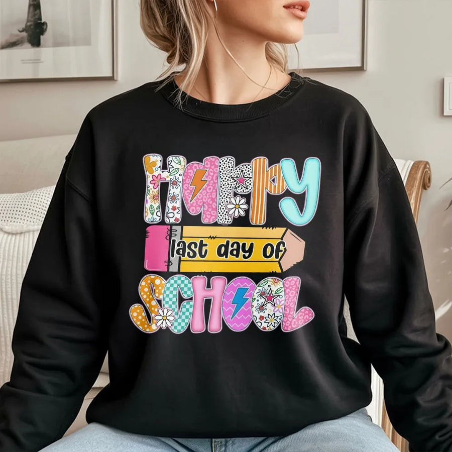 Happy Last Day of School Sweatshirt | Colorful Retro Graphic Sweatshirt | Premium Cotton Blend | End of Year Gift for Teacher