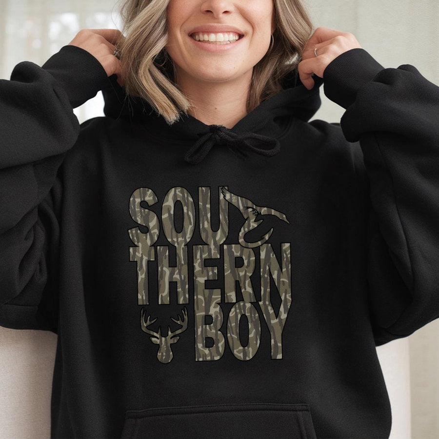Southern Boy Hoodie | Camo Deer Antler Hunting Graphic | Premium Cotton Blend | Gift for Country Men & Outdoor Lovers