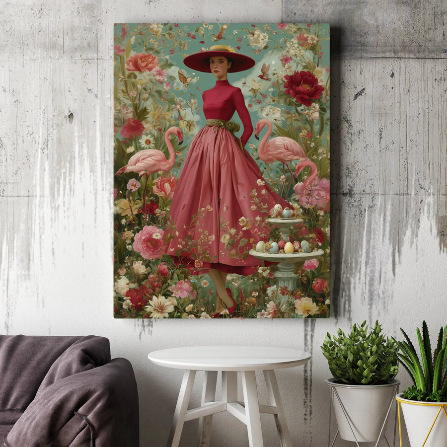 Elegant Woman in Red Dress Wall Art | Pink Flamingo Garden Canvas Print | Premium Gallery Wrapped Decor | Sophisticated Floral Home Gift