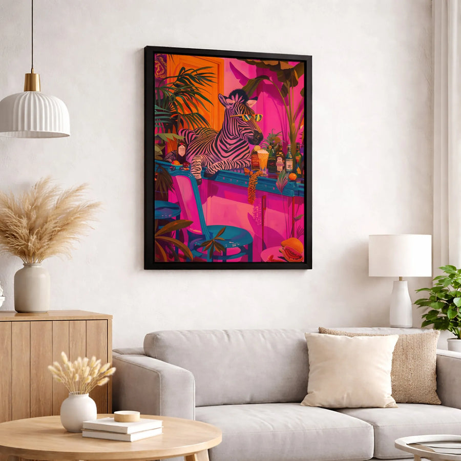 Tropical Zebra Wall Art | Colorful Lounging Animal Bar Scene | Premium Fade-Resistant Canvas | Eclectic Home Decor Gift For Animal Lovers